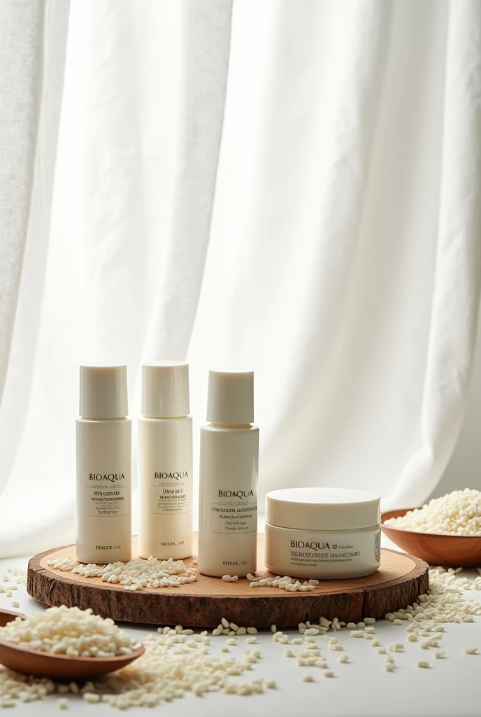 Show Brand Kit x 5 Oriental Rice Facial Routine | Anti-Aging and Lightening Facial Treatment - BIOAQUA with a textured white background as if it were a curtain on a wooden table, rice sprinkled on the sides of the kit, the products out of their packaging and rice on a wooden spoon