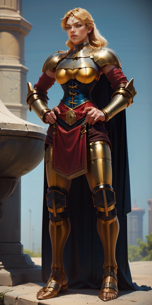 full body, whole body. 1solo (girl). slave fighter, loincloth standing, hands on hips, metal sandals, leather choker and corset, big belt, view from below, feet together, bracers, tiara)