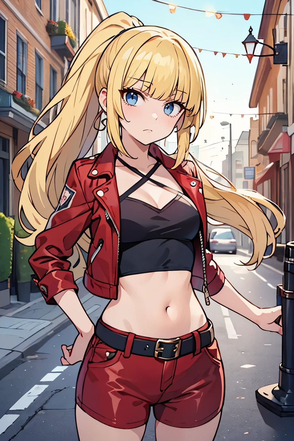 solo girl, (young female body:1.4), ( medium small ), knee length hair, yellow long hair, ponytail, voluminous wavy very long yellow hair, extra long yellow hair, hime cut, light blue eyes, cowboy shot, standing in the street, street lights and motorcycle, modern town, street car, biker chick, biker clothing, red leather jacket, short, tigh high socks, exposed midriff, dynamic posing