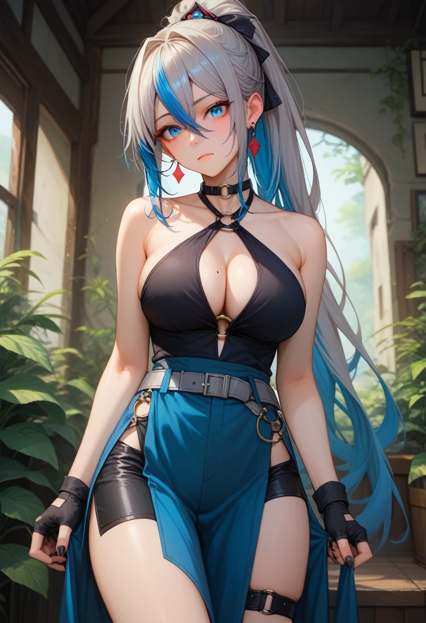 jelonsdef, large breasts, dark-skinned female, multicolored hair, ponytail, hair between eyes, long hair, ponytail holder, hair ornament, blue eyes, black gloves, fingerless gloves, earrings, black choker, halterneck, strap between breasts, black ribbon, blue long dress, side slit, sleeveless, mole on breast, grey belt, black shorts, o-ring strap, grey thigh strap, black nails