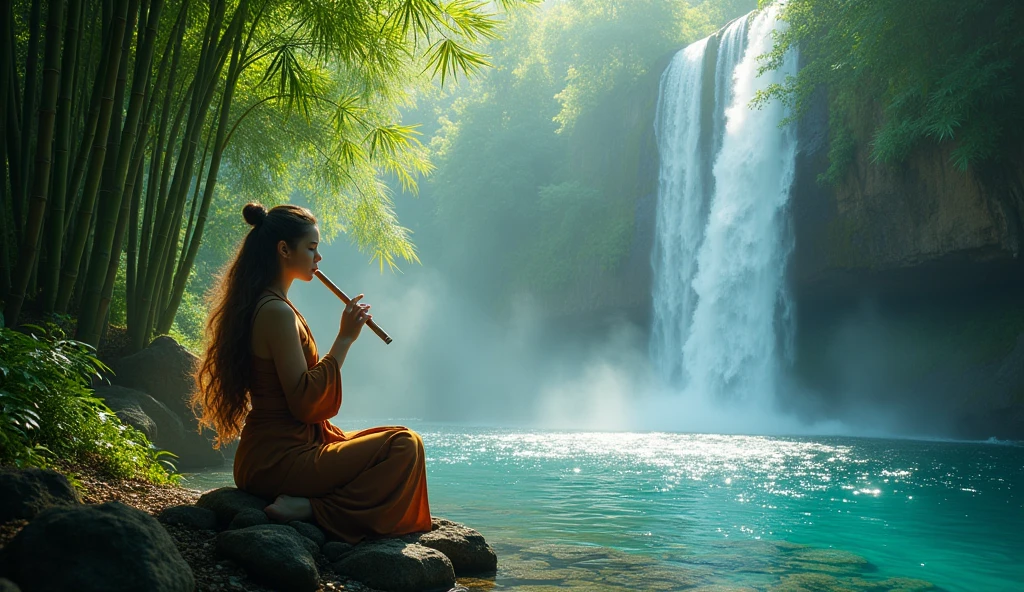 a picture ((dynamic art style)) of a (female monk: 1.2) sitting and playing in ((bamboo flute: 1.2) near a waterfall in a ((bamboo forest: 1.4)),  there is a human woman monk wearing monk garbs, (epic sized waterfall: 1.3), dynamic hair color, long hair, full body (best details, Masterpiece, best quality :1.5), ultra detailed face (best details, Masterpiece, best quality :1.5), ultra feminine (best details, Masterpiece, best quality :1.5), exquisite beautiful (best details, Masterpiece, best quality :1.5) dynamic hair color hair, long hair, wavy hair, pale skin, dynamic eyes color, intense eyes, water coming down from a volcanic cliff, she is sitting in a rich epic bamboo forest, clear water in many hues of blue and azure, it is the dawn of day, between night and day, the sun is rising, a time of meditation and serenity, bamboo forest background, fantasy art, photorealistic, D&D art, ultra best realistic, best details, best quality, 16k, [ultra detailed], masterpiece, best quality, (extremely detailed), ultra wide shot, photorealism, depth of field, hyper realistic painting, Cinematic Hollywood Film, Intense gaze
