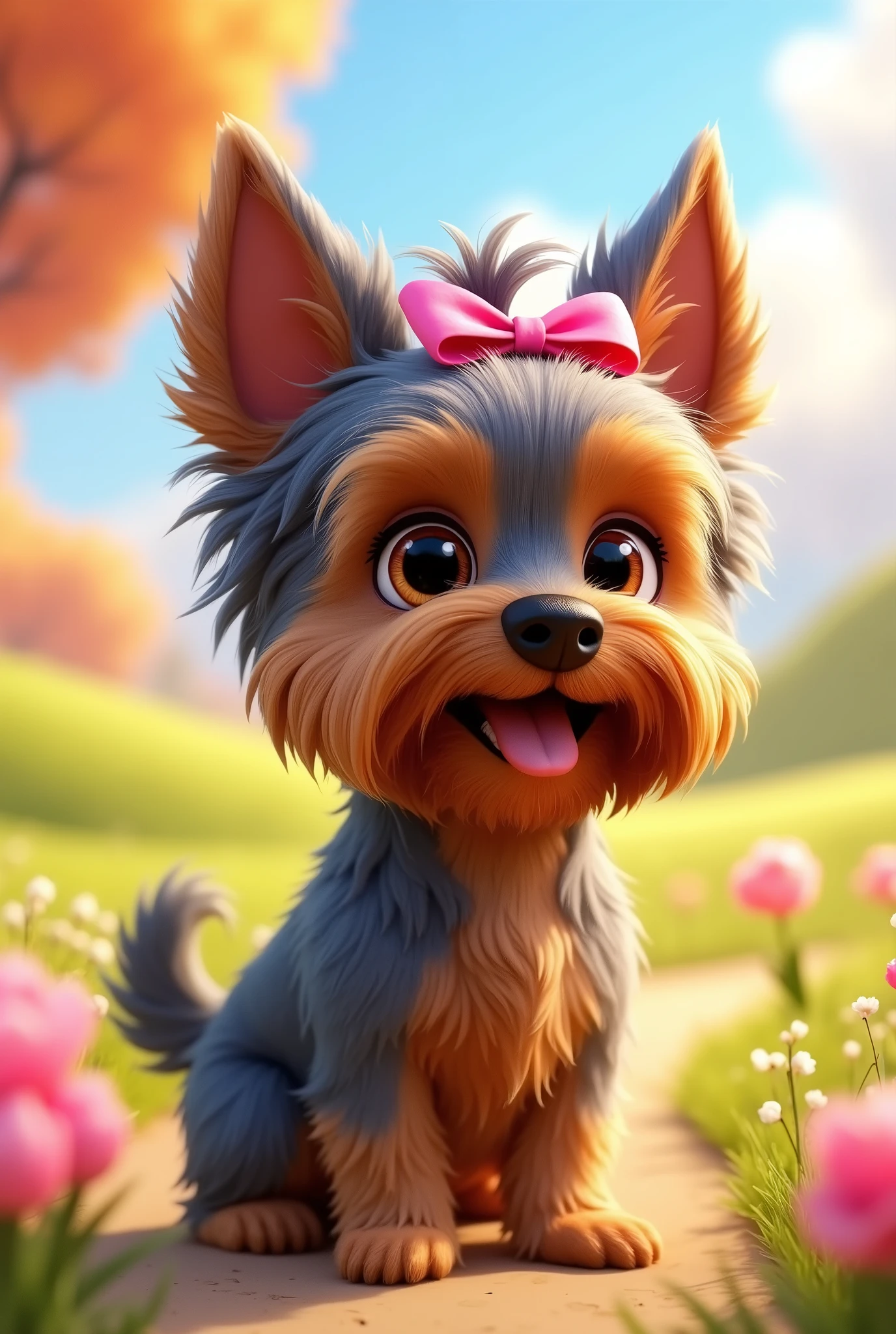 Cartoon character of a Yorkshire dog, dark brown fur, with gray, medium coat, female, with pink bow. animation character, stylized character, animation style rendering, 3d stylized, Arnold Maya rendering, Stylized 3D rendering, toon render screenshot, 3d character, 3d character, Stylized 3D rendering, 3D character rendering, cartoon character, Personagem de close up, character posing,  (Pixar-style) (master part:1.2) (bokeh) (best qualityer) (skin detailed) (detailed texture) (8k) (Argilla) (cinematic lighting) (sharp focus