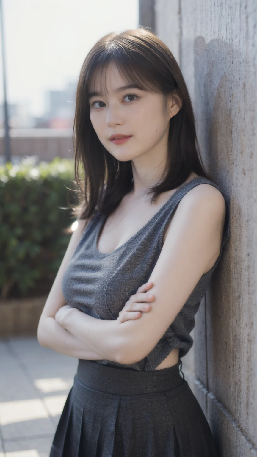((1girl)), woman, masterpiece, best quality, highest quality, cinematic lighting, (volumetric lighting), extremely detailed CG unity 8k wallpaper, focused, 8k wallpaper, extremely detailed, ultra realistic, photorealistic, sharp focus, absurdres, (HDR:1.2), (high contrast), photograph, detailed and intricate, instagram, portrait, highly detailed, digital painting, artstation, concept art, smooth, sharp focus, illustration, cinematic lighting, (big breast:1.3), (((skinny, slim legs))), (japanese idol posture), (knit strap tanktop, mini skirt, open shoulder, open chest, cleavage), looking at the viewer, ((indian pose)), ((Medium body shot, hip level shot)), long hair, ((leaning on a wall)), beautiful eyes.