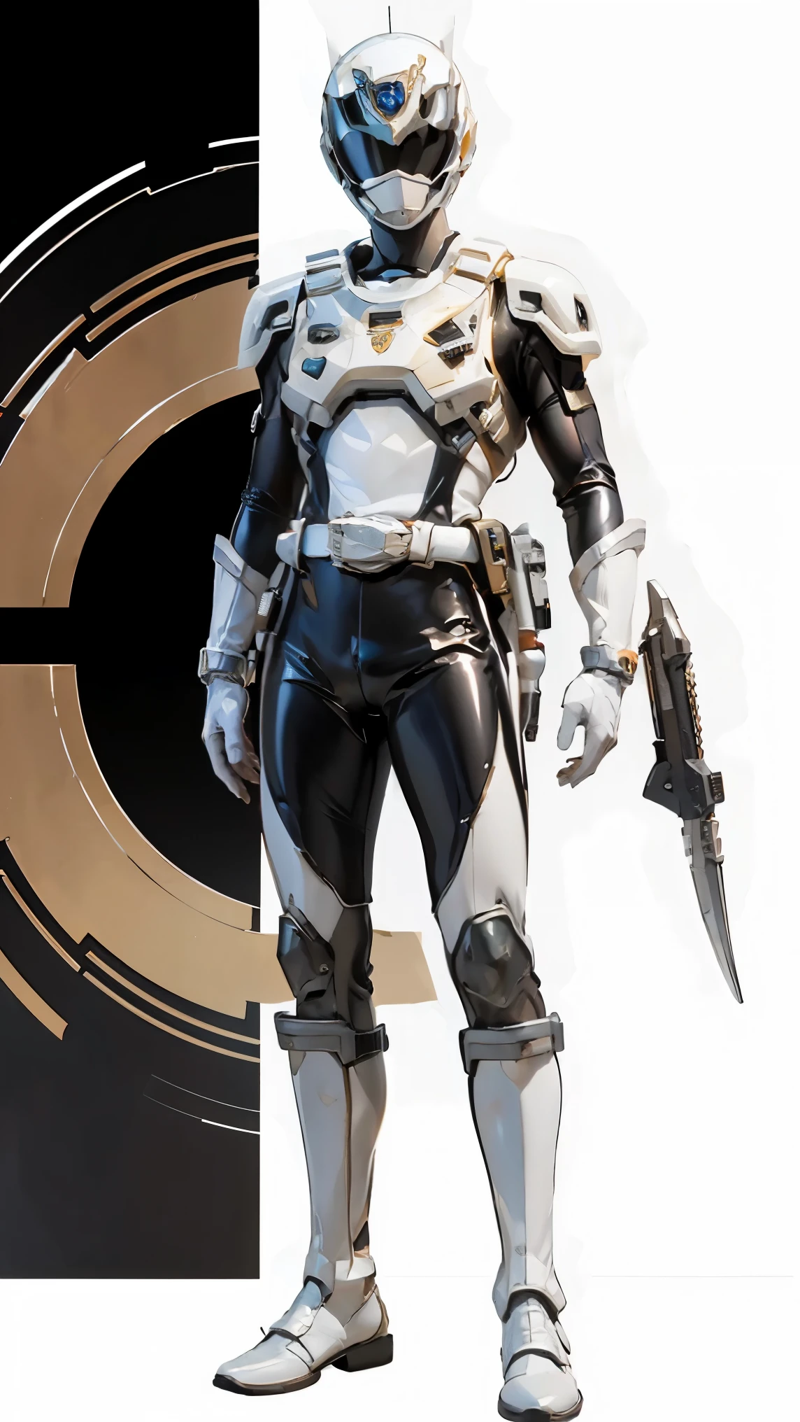 1boy, full body, Illustration, cinematic light, high resolution, best quality, ultra detailed, masterpiece, power suit, powerranger, suit, spd, (silver royal guard ranger suit), gold detail, (((white suit)))