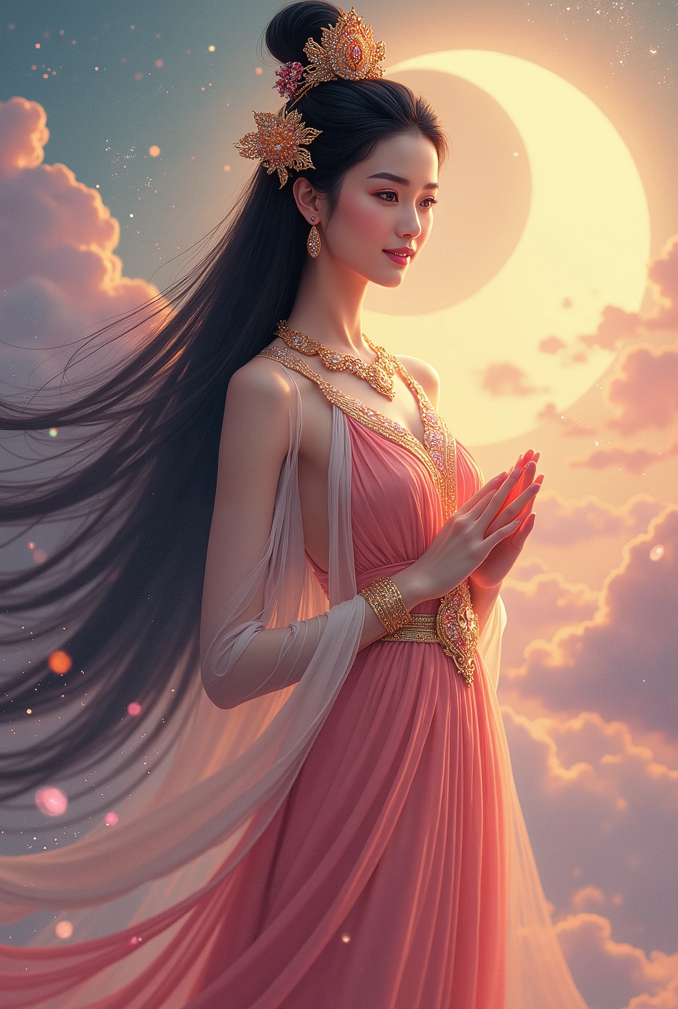 super detailed, realistic, vietnamese goddess, gorgeous detailed eyes, gorgeous detailed lips, shiny black hair, big and beautiful breasts, sparkling ornaments, mysterious aura, sublime beauty, elegant posture, divine light, powerful presence, Surrounding Heaven, bright colors, fairy-tale atmosphere, brilliance, calm expression, transcendent energy, supreme being, legendary figure, queen of heaven, spiritual empowerment, liberated god, Great Goddess, Divine Feminine, unparalleled elegance, Majestic presence, captivating gaze, magical atmosphere, peaceful tranquility, Inspiring brilliance, God's grace, majestic power, eternal silence, Magical amulet, Goddess of Heaven, enchanting beauty, sublime perfection, dreamy atmosphere, enchanting beauty, heavenly divinity