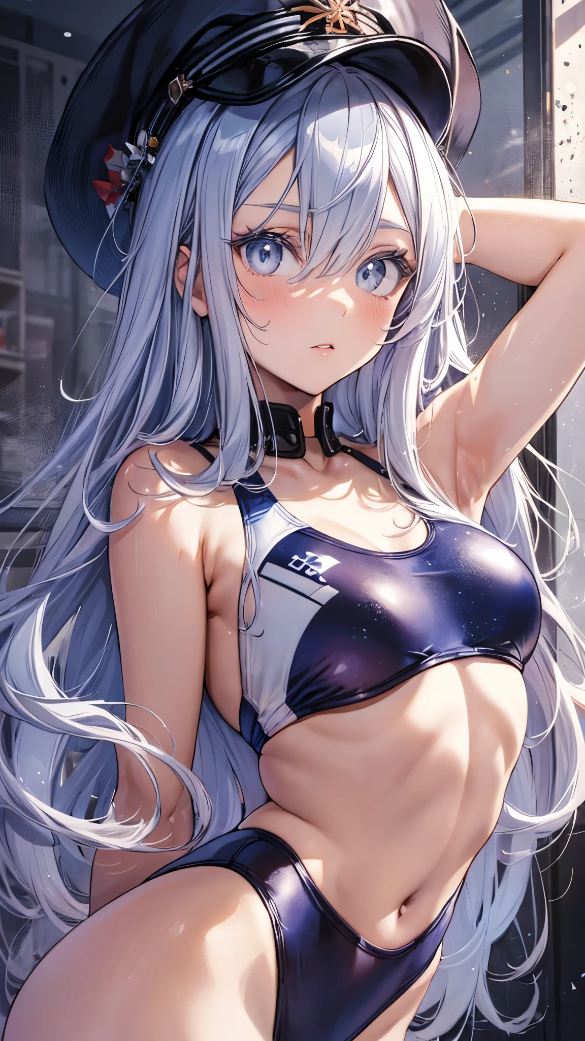 (cowboy shot), Changing Room,(changing clothes:1.3),vladilena milize, (grey eyes),light blue hair, hair between eyes, long hair, ahoge,blush,blue headwear, hat,peaked cap,(white competition swimsuit:1.3),masterpiece,Noise Reduction,perfect anatomy,high resolution, ultra-detailed, ultra-detailed face,game cg,dutch angle ,beautiful detailed eyes,visualart,five fingers, perfect hands, perfect lighting, sparkling pupils,