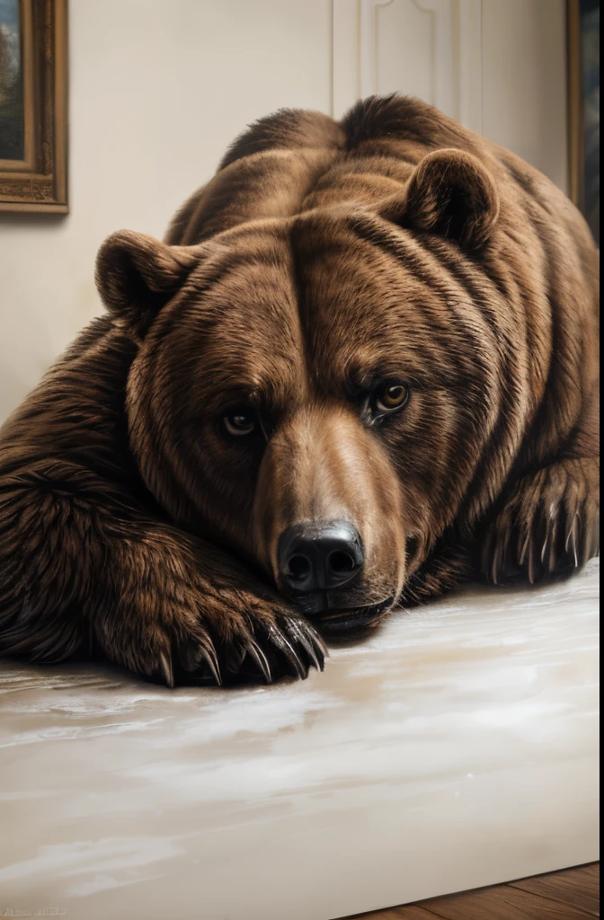painting of a bear laying down on a white surface, an ultrafine detailed painting by Andrea Mantegna, flickr, photorealism, extremely detailed!!!, inquisitive. detailed expression, amazing detail. colored, hyperrealist highly intricate, very detailed painting, smilodon, extremely detailed fur, half grizzly bear, hyperdetailed painting, .highly realistic