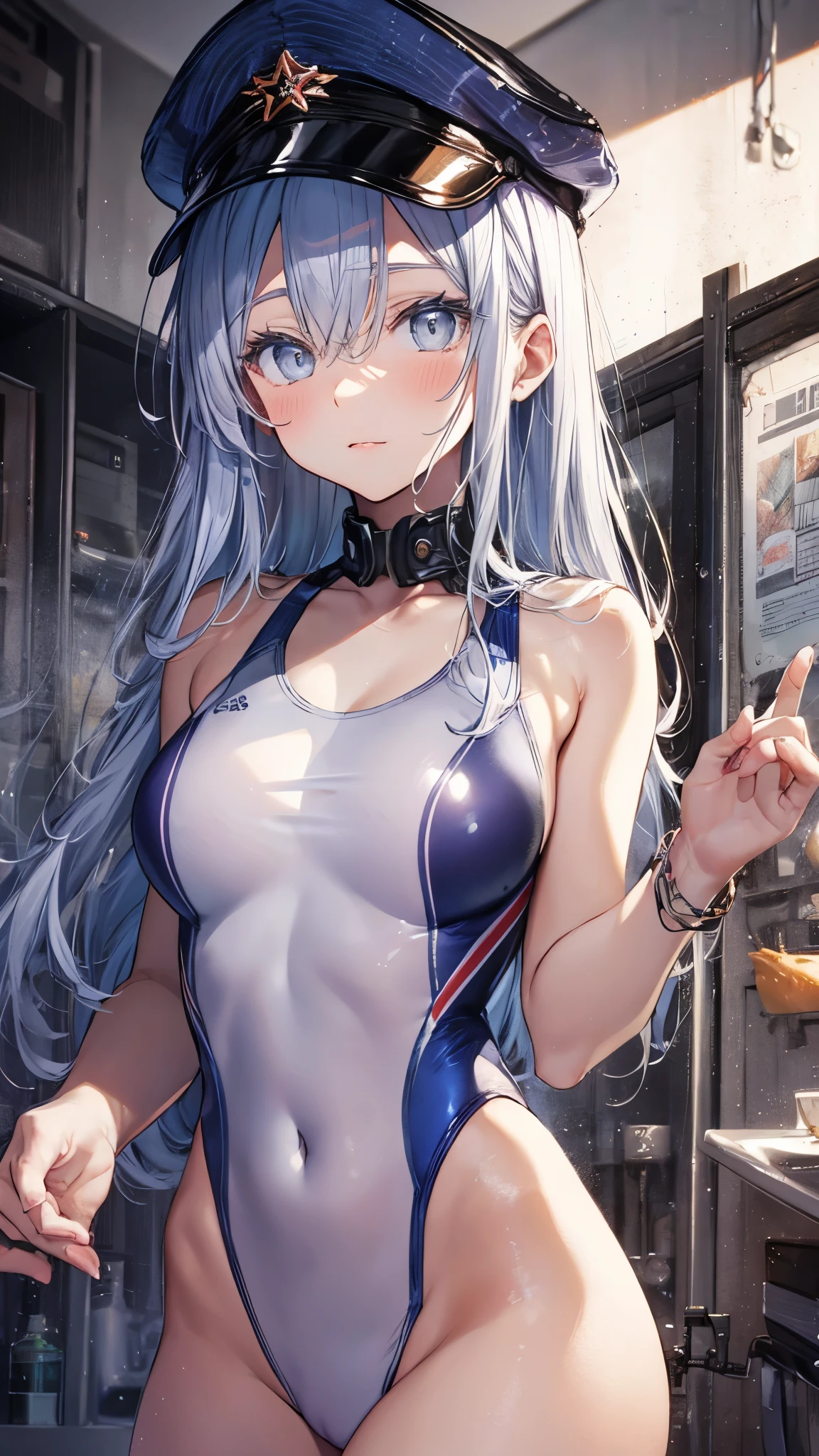 (cowboy shot), Changing Room,(changing clothes:1.3),vladilena milize, (grey eyes),light blue hair, hair between eyes, long hair, ahoge,blush,blue headwear, hat,peaked cap,(white competition swimsuit:1.3),masterpiece,Noise Reduction,perfect anatomy,high resolution, ultra-detailed, ultra-detailed face,game cg,dutch angle ,beautiful detailed eyes,visualart,five fingers, perfect hands, perfect lighting, sparkling pupils,