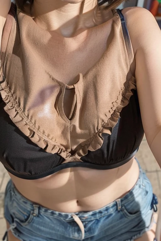 nsfw, (wearing Bra top, panties:1.4),bra top:red, (selfie shot:2), 1girl, {breast focus:1.6}, close up breasts, cleavage, close-up, collarbone, denim, jewelry, large breasts, navel, solo,(from above),(small breasts:1.3), Top quality, 1 beautiful Japanese woman, teen,high school student,(18 years old),bob cut, (brown hair:1.2), Ultra-realistic capture, Highly detailed, High resolution 16k close-up of human skin. Skin texture must be natural, With such detail that pores can be finely identified. Skin should look healthy, In a uniform tone. Use natural light and color,