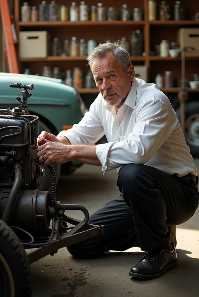 Man reparing his old car, while wearing a white shirt and a long black pants, his face angle is looking at the engine and facing the camera