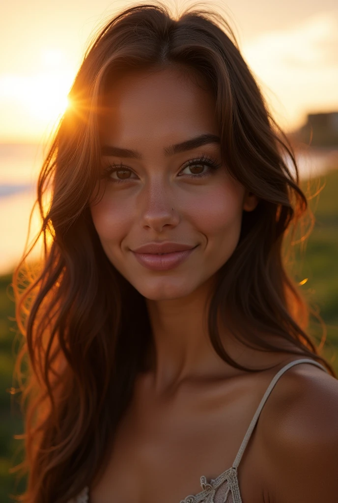 Photorealistic portrait of a 22-year-old (Latina) girl with long, wispy hair (brown) and stunning eyes (brown).
She should have a natural, approachable expression and be lit by the soft light of the sun at golden hour. The background should be an outdoor landscape, such as a sunlit park or beach. Capture this image with a high-resolution photograph using an 85 mm lens to obtain a flattering perspective).