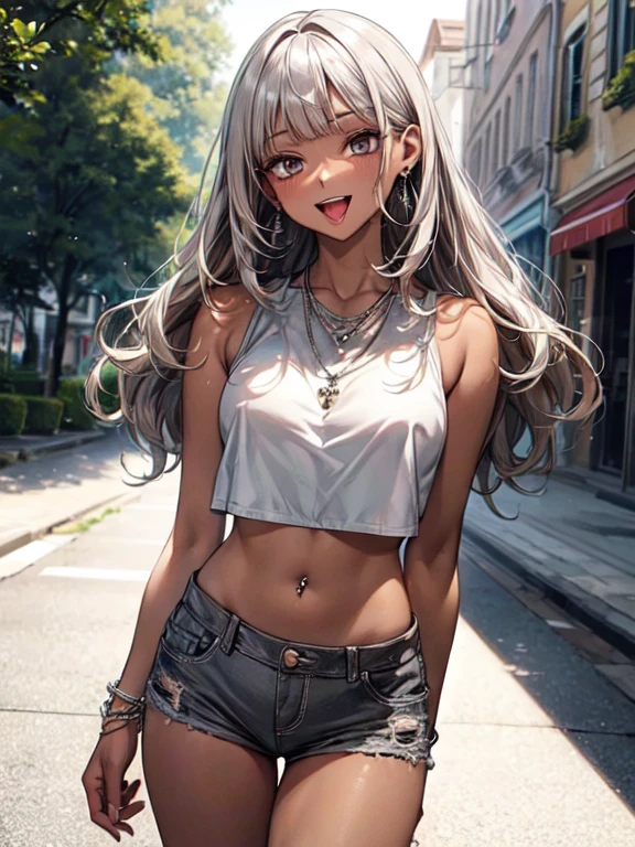 ((masterpiece, Highest quality, Very detailed)), 
left to right balance, Perfect Hands,beautiful hands, Perfect Fingers,beautiful fingers, Perfect Limbs,Perfect Body,Correct Human Body, beautiful eyes, (face light:1.2), soft lighting, 

One girl, 20 yers old, gyaru, full makeup, BREAK ((brown skin:1.3)), ((tanned skin:1.3)), ((blonde)), Long Hair, blunt bangs, wavy Hair, BREAK ((grey eyes:1.3)), thick thighs, medium breasts, 

cowboy shot, 
NSFW, 
evil smile, ((open mouth)), ((tongue out)), ((lots of pierced earrings, silver chain necklace, silver bracelet)), 

BREAK gyaru fashion, ((cropped tops)), ((mini shorts)), bare belly button, 

BREAK ((arms behind back)), 

BREAK daytime, the wide stairs in the town square, the stately hall in the distance, the trees along the street,
