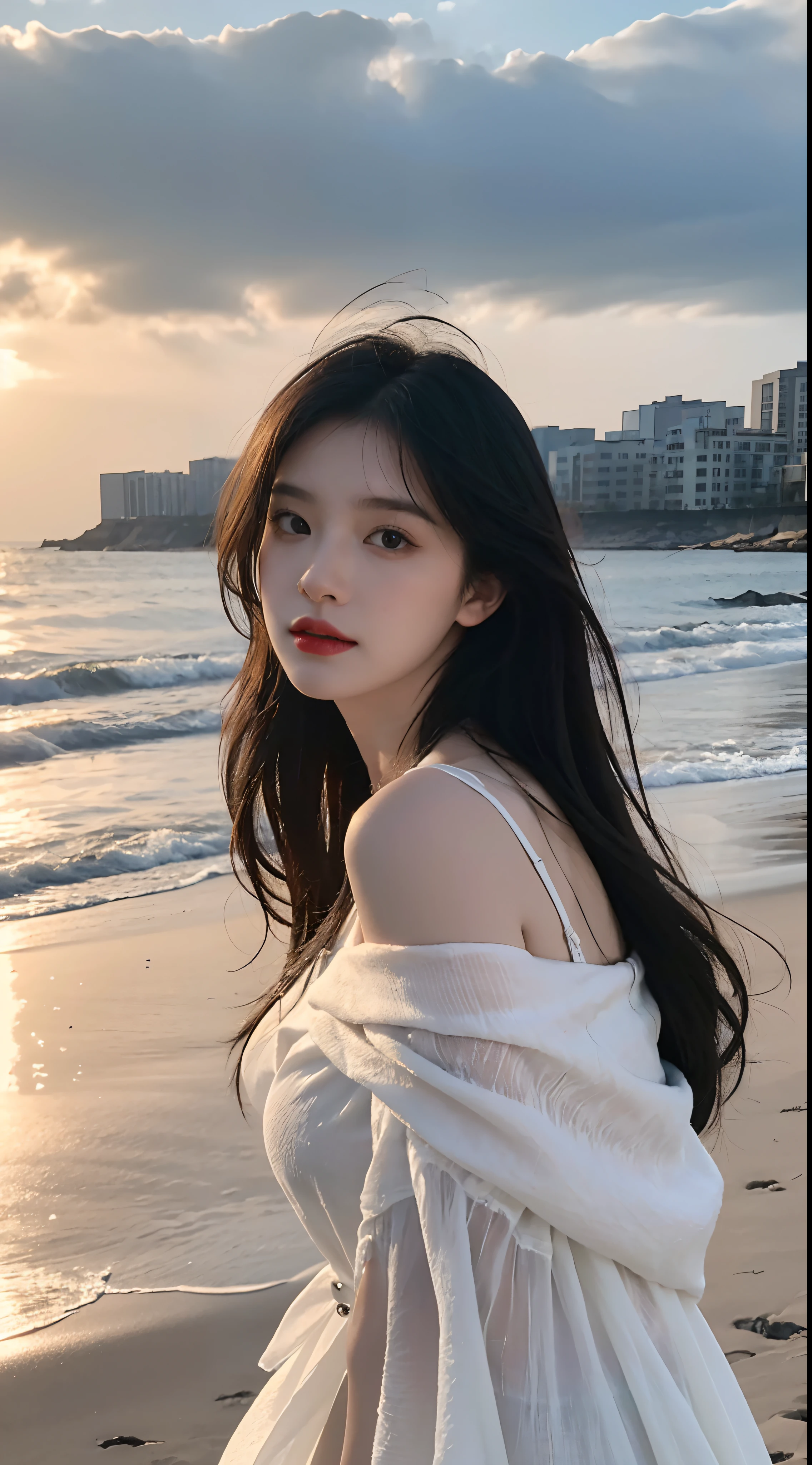 Facing the camera,Facing the audience,站stand up,high-definition,masterpiece,daughter,Black Hair,Long hair shawl,Long hair shawl,Off-shoulder,clavicle,Delicate face,Hydrating red lips,白色Off-shoulder连衣裙衣服,clavicle,Facing the camera,Sad expression,Break,Real People,(Sea,Beach),CG Rendering,16K,stand up,The night view is beautiful,Sad farewell,Ultra HD,Perfect details,The pictures are real,Ultimate image quality,Highest precision,8K resolution,Dark Shadows,8K, Yes ,Ultra HD,8K