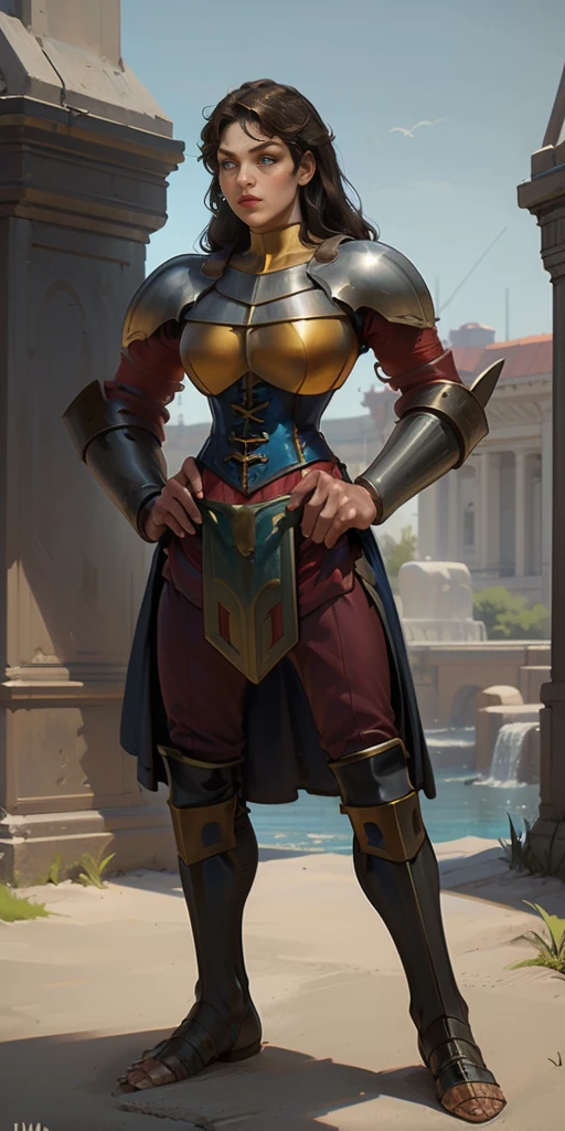 full body, whole body. 1solo (girl). slave fighter, loincloth standing, hands on hips, metal sandals, leather choker and corset, big belt, view from below, feet together, bracers, tiara)
