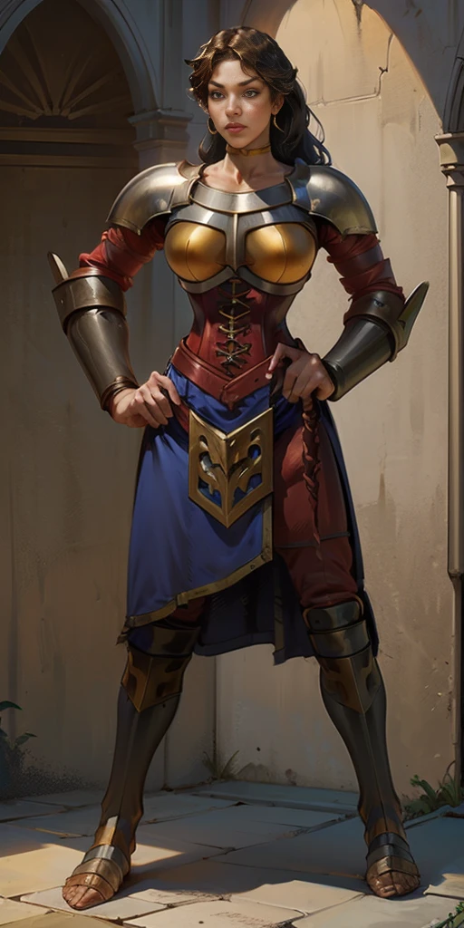full body, whole body. 1solo (girl). slave fighter, loincloth standing, hands on hips, metal sandals, leather choker and corset, big belt, view from below, feet together, bracers, tiara)