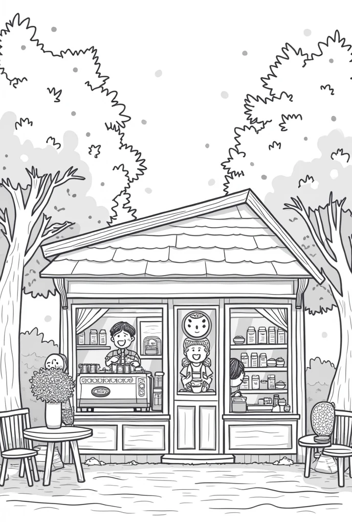 Create a black and white coloring page for on the theme : coffee house