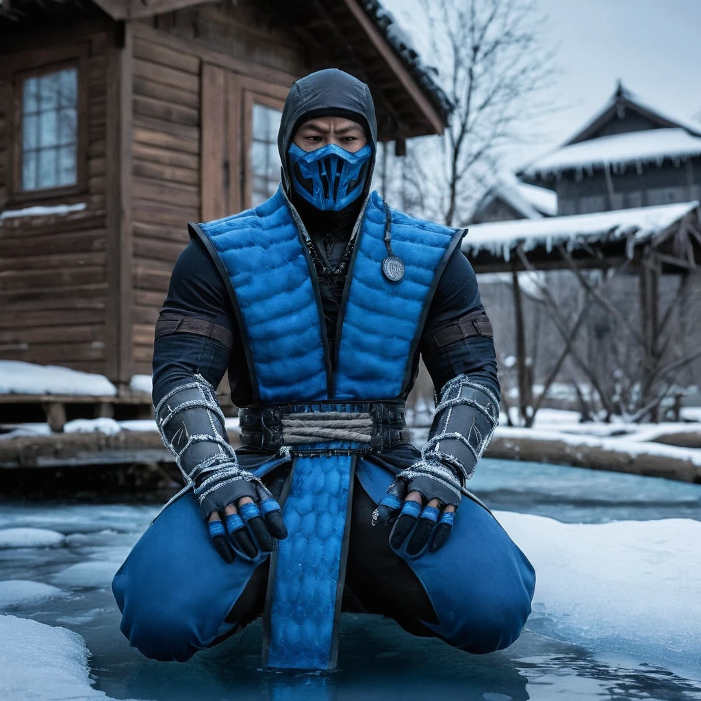 Sub-Zero Sub-Zero. (Bi-Han) from MK1, Sitting on the ice Taking cold air in his hands and walking through several houses with a frozen river with a frozen forest in,4k everything he touches Photo 8k another realistic Sub-Zero, MKX, Mortal Kombat, with blue ice powers costumes, faithful stume, 8k cinematic film, professional photography 2, custom, very detailed costumes, lighting, 8k hyperrealistic, portrayed costumes, detailed skin, 4k, cinematography, epic, of the day in qualities, ultra hd, realistic