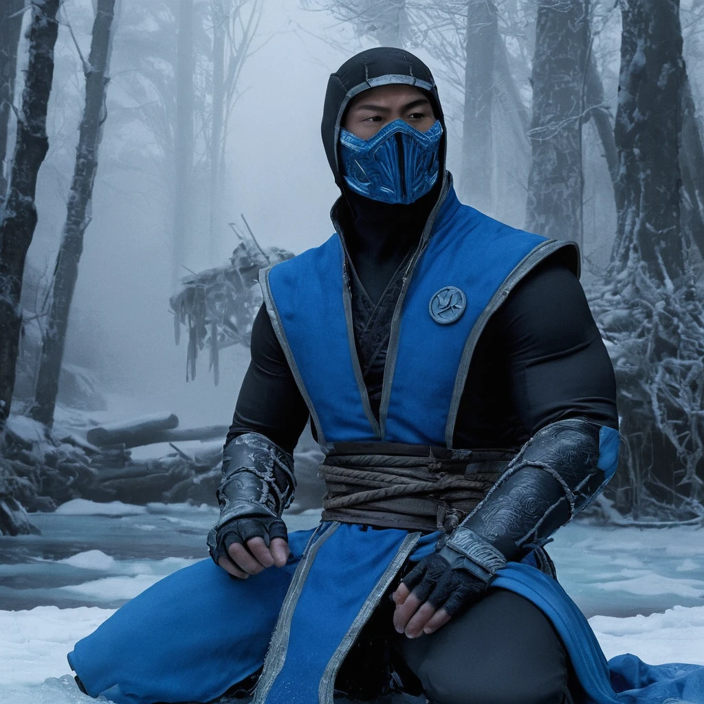 Sub-Zero Sub-Zero. (Bi-Han) from MK1, Sitting on the ice Taking cold air in his hands and walking through several houses with a frozen river with a frozen forest in,4k everything he touches Photo 8k another realistic Sub-Zero, MKX, Mortal Kombat, with blue ice powers costumes, faithful stume, 8k cinematic film, professional photography 2, custom, very detailed costumes, lighting, 8k hyperrealistic, portrayed costumes, detailed skin, 4k, cinematography, epic, of the day in qualities, ultra hd, realistic