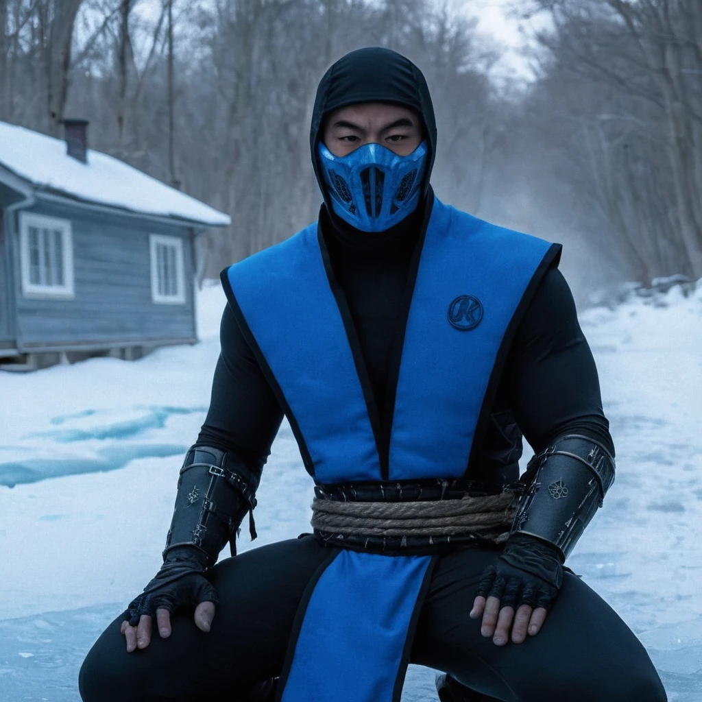 Sub-Zero Sub-Zero. (Bi-Han) from MK1, Sitting on the ice Taking cold air in his hands and walking through several houses with a frozen river with a frozen forest in,4k everything he touches Photo 8k another realistic Sub-Zero, MKX, Mortal Kombat, with blue ice powers costumes, faithful stume, 8k cinematic film, professional photography 2, custom, very detailed costumes, lighting, 8k hyperrealistic, portrayed costumes, detailed skin, 4k, cinematography, epic, of the day in qualities, ultra hd, realistic