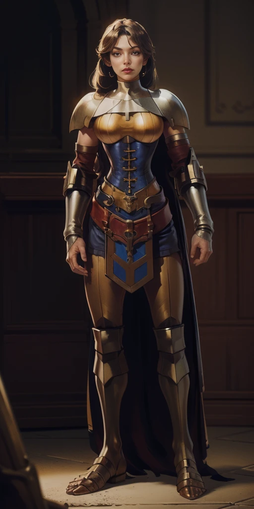 full body, whole body. 1solo (girl). slave fighter, loincloth standing, hands on hips, metal sandals, leather choker and corset, big belt, view from below, feet together, bracers, tiara)