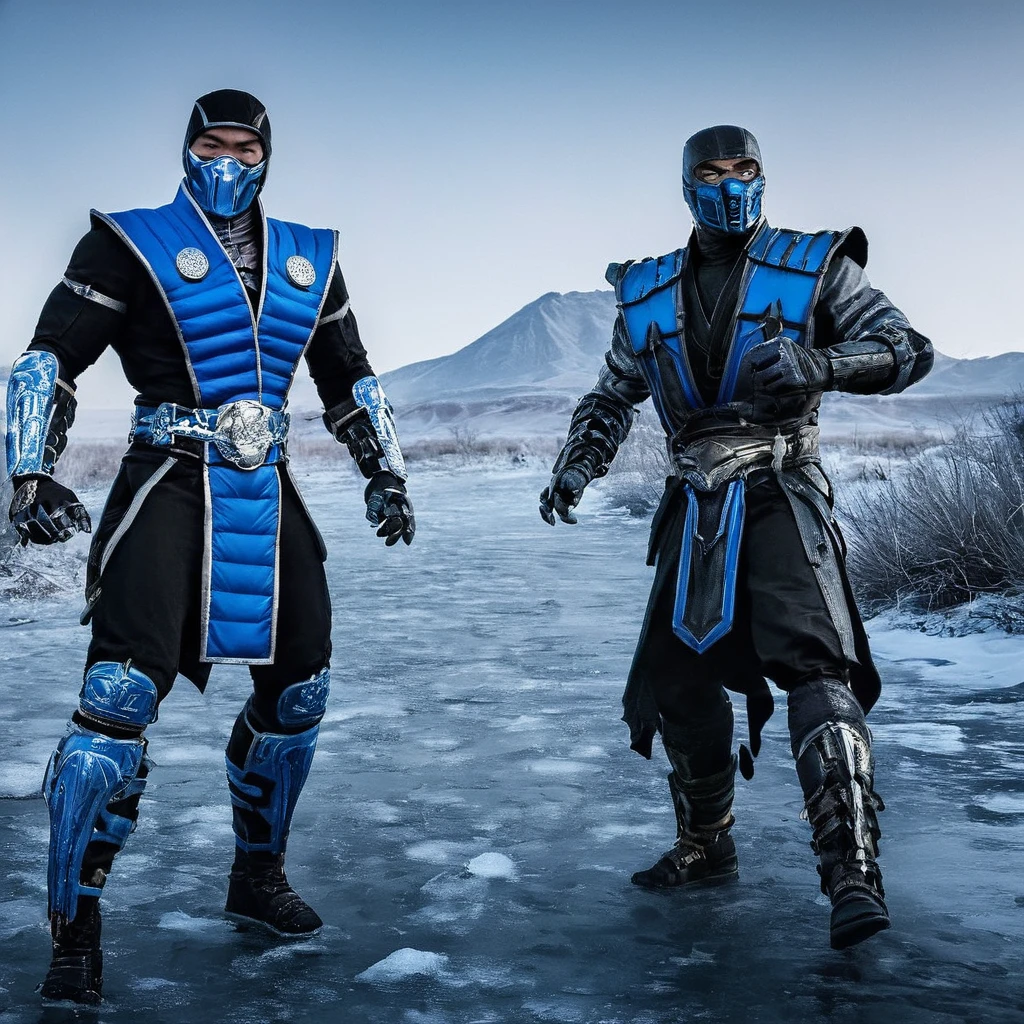 Kuai Liang),Sub-Zero with very little metal details in his outfit with his brother,(Noob Saibot),ultra-realistic with his powerful Mk11 dark,Sub-Zero Holding cold air in his hands and walking looking back at a Desert with sand and a completely frozen river completely frozen in Photo of Sub-Zero, Mortal Kombat, with blue ice powers costumes, faithful stume, 8k cinematic film, 2professional photography, custom, highly detailed costumes, detailed, dramatic lighting, cinematic, hyperrealistic, Costumes impeccable details 4k