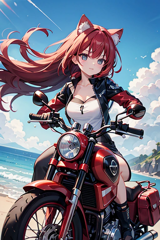 anime style, super fine illustration, highly detailed, dynamic angle, beautiful detailed, 8k, A red motorcycle parked on the beach on a summer morning. BREAK A cat girl is driving happily astride a motorcycle. Her hair is blowing in the wind. BREAK Everything is sparkling in the sunlight.