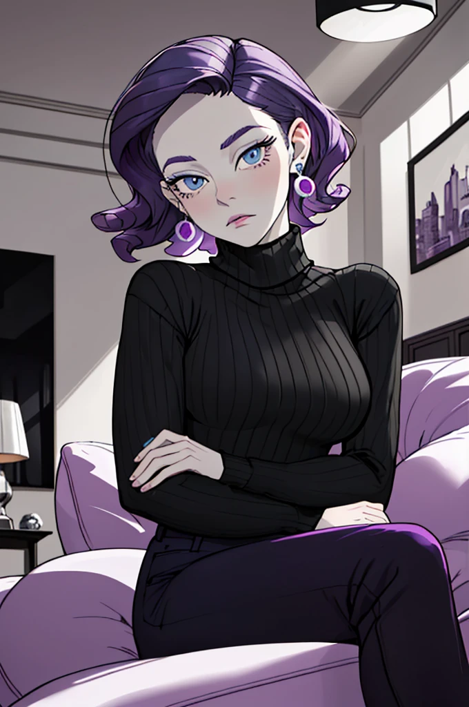 woman, blue eyes, pale skin, curly purple hair, wearing turtleneck, black pants, earrings, looking at camera, suprised expression, indoors, living room, instagram pose, comfy room, hot colors, bright lighting, moody ambiance,