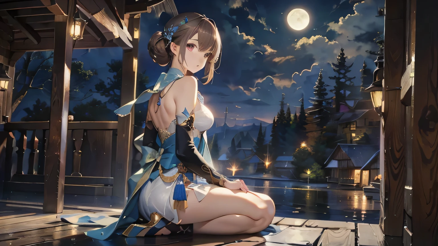 (official art、best quality、Unity 8k Wallpaper、32K、masterpiece、Super detailed、Ultra-high resolution、oil painting style:1.2)、A slender one、medium bust、(whole body:1.2)、(side shot、look away:1.2)、Very detailed background、sharp pupils、Background blur、Beautiful girl in ancient costume、long flowing hair，Dark brown hair(The face and eyes are very detailed、beautiful face、super delicate skin、Delicate skin texture:1.3)、、Cowboy shooting、sit on the porch、moonlight、A full moon hangs in the sky、moon、dumpling、Withered coal ash、