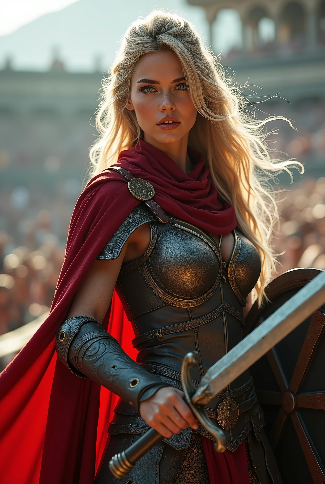 ((masterpiece, highest quality, Highest image quality, High resolution, photorealistic, Raw photo, 8K)), ((Extremely detailed CG unified 8k wallpaper)), (huge stunning goddess shot, very hot and sexy, jaw-dropping beauty, perfect proportions, beautiful body, slim body beauty:1.4), arafed woman in armor holding a sword and shield, portrait of a barbarian female, north female warrior, a very beautiful berserker woman, north adult female warrior, female barbarian, female warrior, portrait of a barbarian woman, barbarian warrior woman, very beautiful female barbarian, barbarian class, portrait of a woman warrior, rpg portrait concept art, (beautiful warrior, holding short sword and small shield, Wearing a red scarf, leather armor), (blonde hair, blue eyes, dark skin), (amphitheatre, Fighting while being watched by the crowd, motion blur), movie poster, large "INFINITY" written at bottom of screen,
