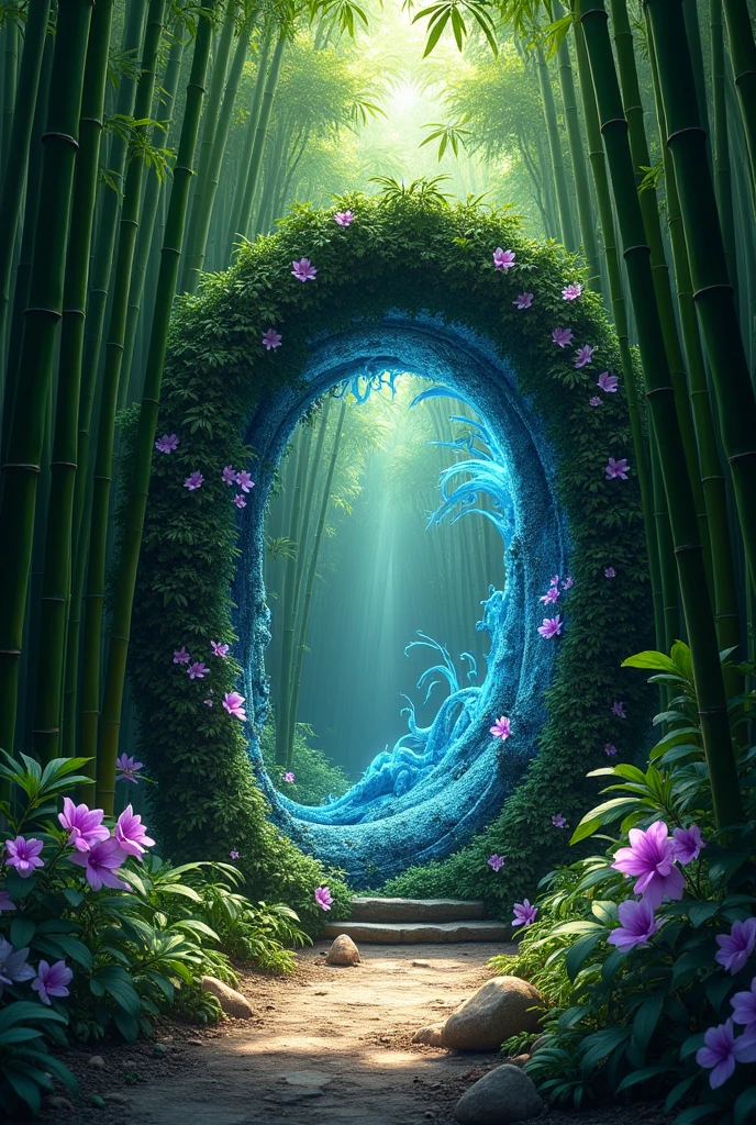 an image of a mystical bamboo forest, fractal swirl door, entrance to another world