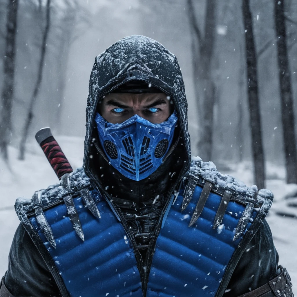 Horror-themed,  Sub-Zero
Mortal Kombat style, fictional universe consisting of numerous realms, Sub-Zero,Kuai Liang,Tundra,blue outfit,LK-520,a man in a blue outfit holding a knife,solo,blue eyes,1boy,weapon,male focus,outdoors,armor,tree,mask,glowing,helmet,nature,glowing eyes,snow,forest , Live-action, white sclera eyes, muscular, fitness, fighters, Action-adventure, brutal and gruesome, Mortal Kombat style, mk style, Eerie, unsettling, dark, spooky, suspenseful, grim, highly detailed