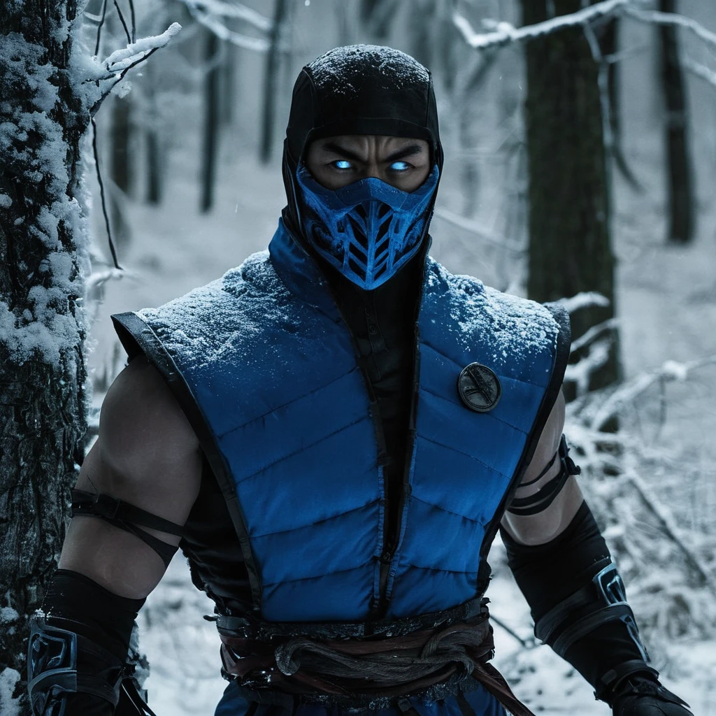 Horror-themed,  Sub-Zero
Mortal Kombat style, fictional universe consisting of numerous realms, Sub-Zero,Kuai Liang,Tundra,blue outfit,LK-520,a man in a blue outfit holding a knife,solo,blue eyes,1boy,weapon,male focus,outdoors,armor,tree,mask,glowing,helmet,nature,glowing eyes,snow,forest , Live-action, white sclera eyes, muscular, fitness, fighters, Action-adventure, brutal and gruesome, Mortal Kombat style, mk style, Eerie, unsettling, dark, spooky, suspenseful, grim, highly detailed