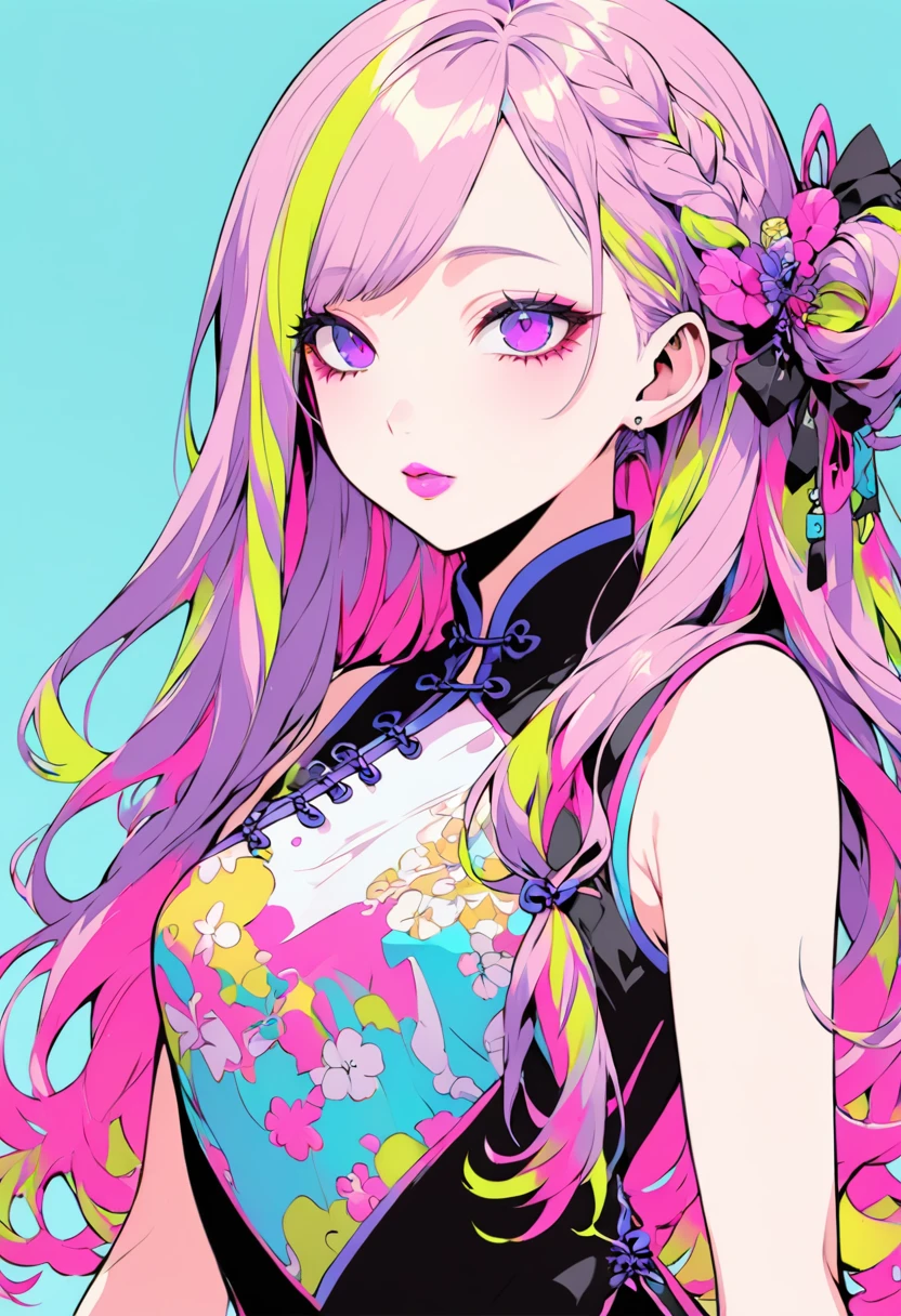 (Highest quality:1.4, City Pop Style, Very detailed, up to date, Vibrant, High Contrast, ), Gal, One person, alone, ((Face Up Shot:1.4)), Neon Color Hair, Braid, Droopy eyes, Long Hairstyles, pastel colour, China dress, flower, Portraiture, asymmetrical bangs, Purple eyes, Cute Face. Lips in Love, Stylish design, Pure light blue background.