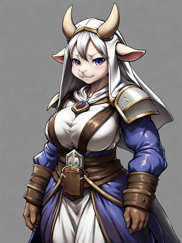 ((goat)), furry female anthro,cow woman,HD,sharp,beautiful and detailed,woman ((anthro)),1girl,Milf, mature woman,fat,white skin,(look at viewer) ,goat girl,thick girl,by dr comet,by pochincoff, by jlullaby,by kingbang,by obui,by ZeroQrisu,by sparrow,by gmeen,((cleric outfit)),sad,smile,lghngcw,((simple background)),(gray background,)