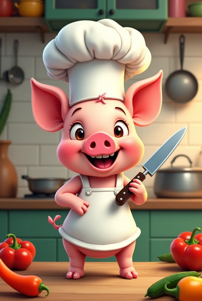 Little pig, with chef hat, holding a knife, classic caricature