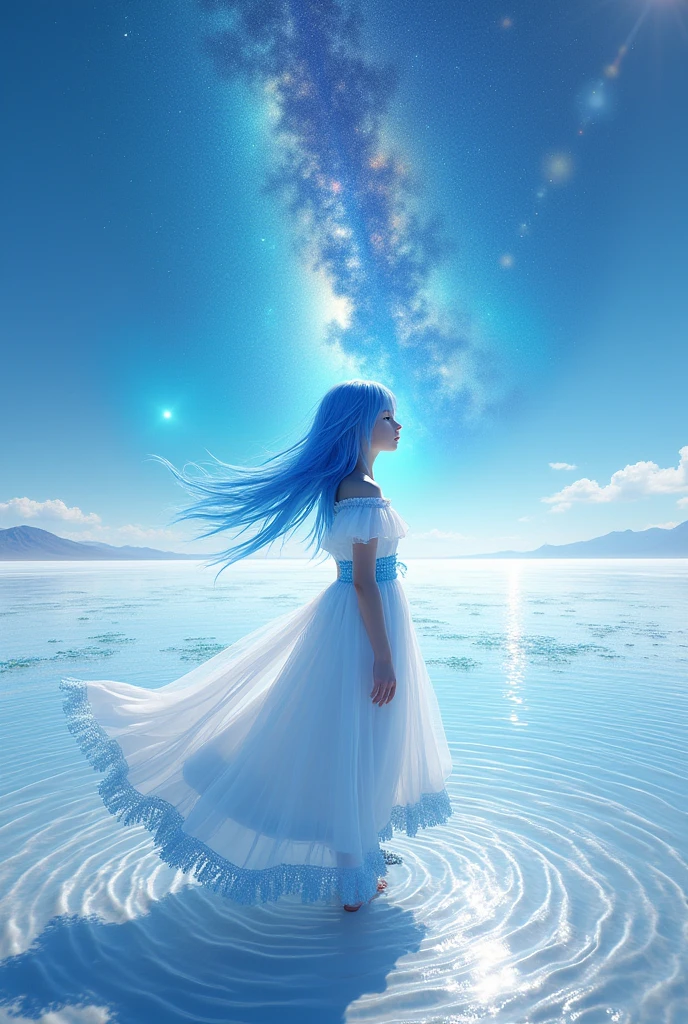 absurdres, highres, (official art, beautiful and aesthetic:1.2), (near vision:1.15), (1girl, blue hair, medium hair, blue eyes, bright eyes, long white dress, blue ruffle,:1.2) blue sky, Shimmering Galaxy, (Salar de Uyuni:1.2), (fractal art:0.8), water effects, ripple effects, (flower effects: 0.65), light effects,