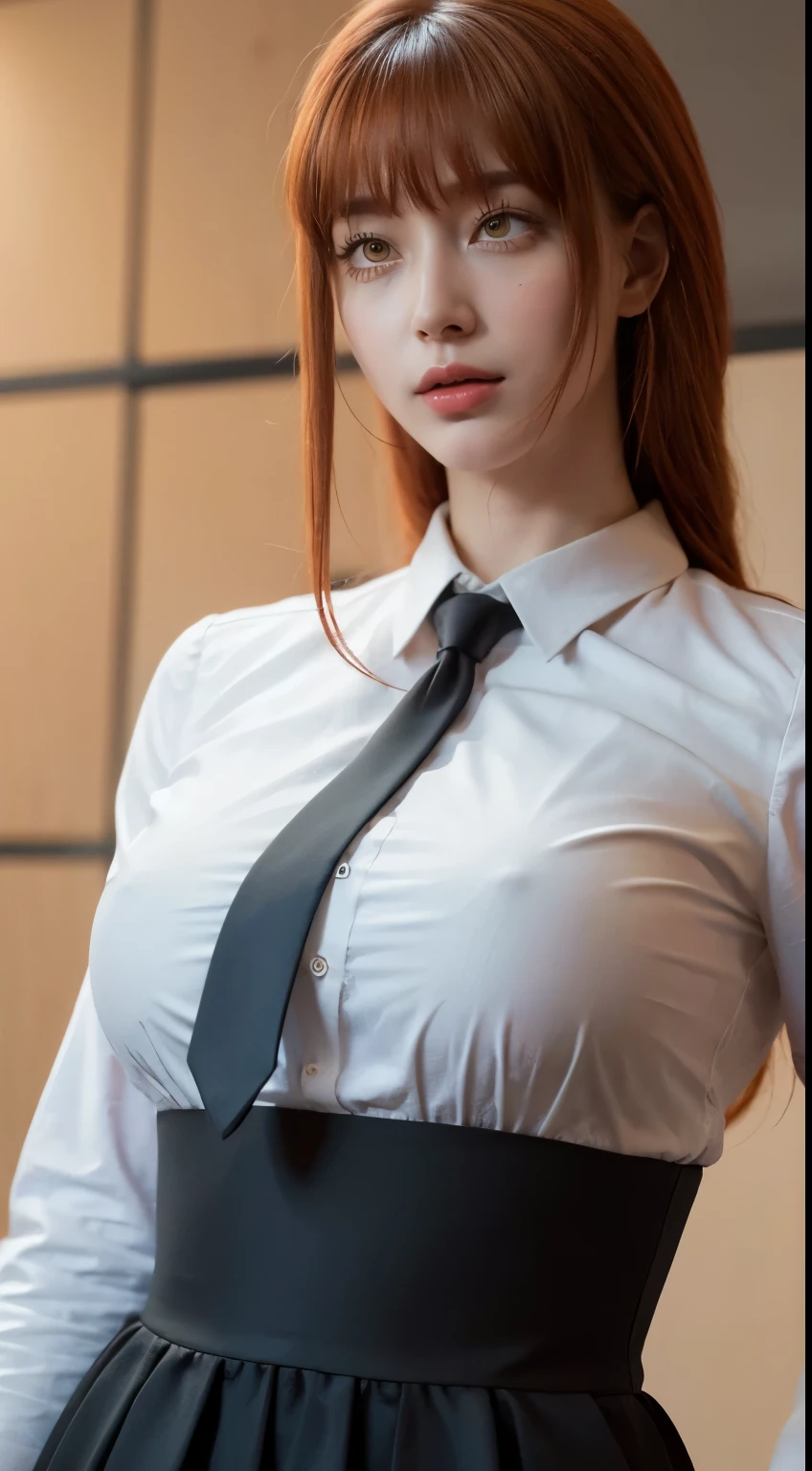 (best quality, master part, fullcolor, Dynamic angle, highest detailed) upper body photo, glad, (Makima, chainsawman), handsome fashion photography (red long hair) Kizi (Stunning mature woman), ((Massive medium breasts)), High Dress Up Detailed Office Makima Suit, white shirt black tie(high resolution textures), in doggy pose, bokeh, (details Intricate, hyperdetailed:1.15), circunstanciado, sunlight passing through hair, office background, (offcial art, extremely detaild, highest detailed),