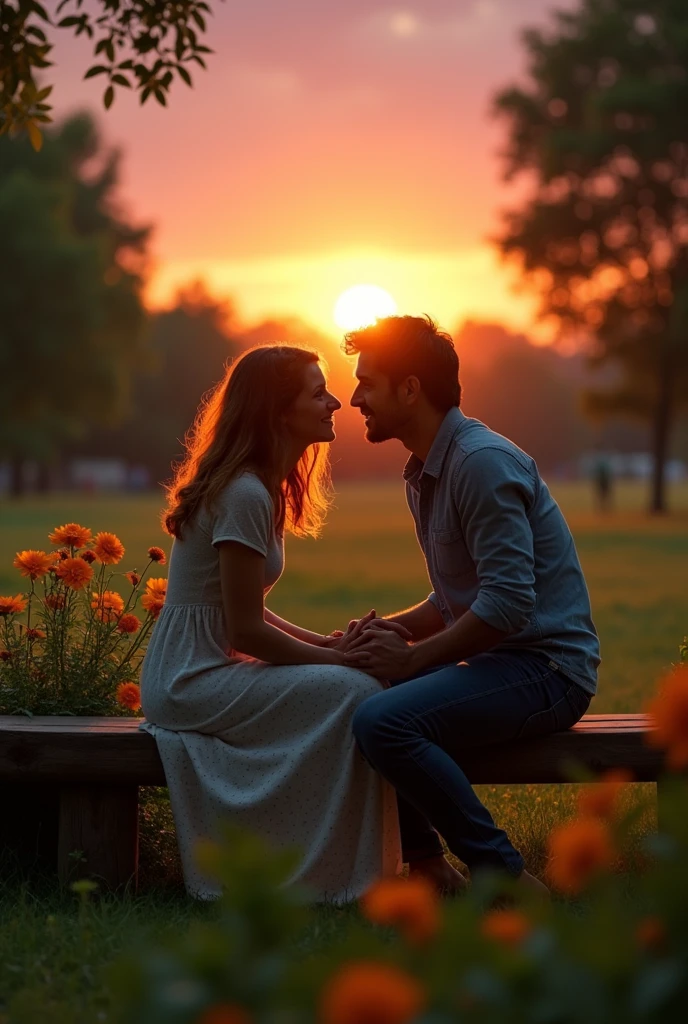 Clara et marc assis sur un banc du parc, regardant le coucher de soleil ensemble, leurs visages illuminés par la lumière dorée.