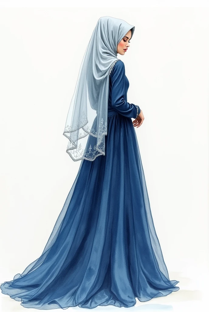 I need a veiled bride, henna dress puffy. It will be an aquarell drawing like this. The henna bride will be seen from behind with nothing in her hand, slightly zoomed in. He will look over his shoulder but the eyes on his face etc. will not be visible. I say Closed because it's more like a drawing.!!! A Muslim veiled bride, It will be more like a hand drawing, not a real picture.! Also the color of the dress will be navy blue Just like that, but it will be a little more unrealistic, it will look like a drawing, and facial features will not be visible. So there will be no eyes, nose or mouth.. Like Aquarell-watercolor drawing Keep the dress plain. Without lace, without flowers. Plain navy blue fabric. Fluffy bottom