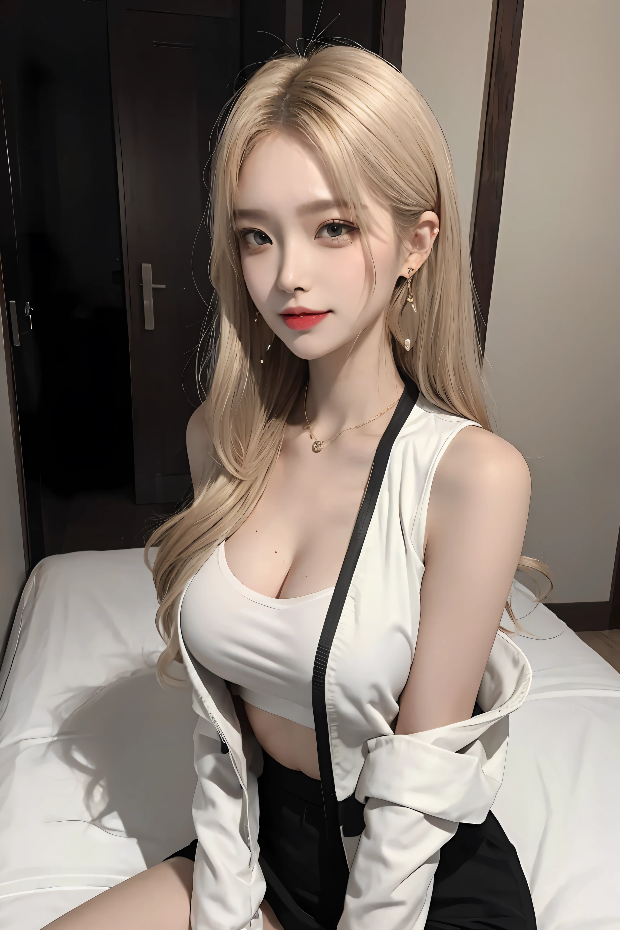 8K RAW Photos, 17 year old cool Korean, Big and round breasts, cleveage, Beautiful abdominal muscles, sleeveless, Short formal jacket, Cropped tops, skirt, eyes beautiful in detail, eyelash, Beautiful double eyelids, Eyeshadow, Squint your eyes, Three white eyes, Perfect Eye Makeup, Evil smile, Beautiful thin legs, Bright Blonde, Various hairstyles, earrings,