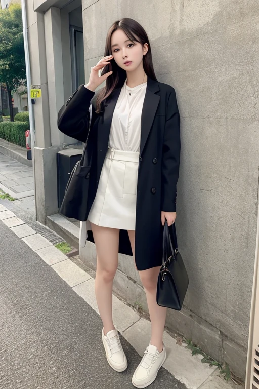 Highest quality、masterpiece、High sensitivity、High resolution、Detailed Description、Slender women、on the road、While playing with a cell phone、Carrying a big bag、Leaning against the wall、Are standing、