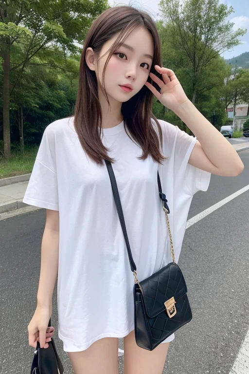 Highest quality、masterpiece、High sensitivity、High resolution、Detailed Description、Slender women、on the road、While playing with a cell phone、Carrying a big bag、Leaning against the wall、Are standing、