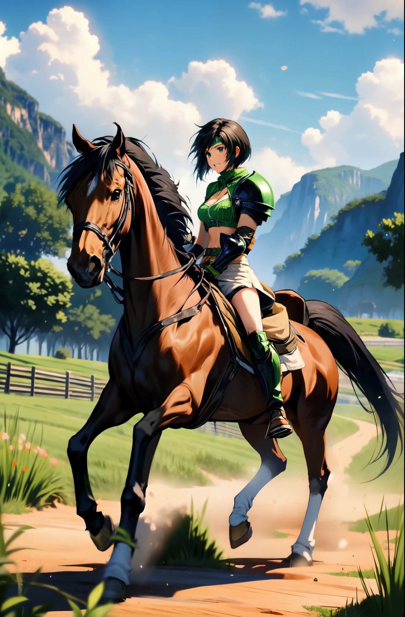 ((highest quality)), ((anime masterpiece)), (high detailed), 8k, cinematic lighting, anime screencap, HDR, yuffie kisaragi riding a BROWN HORSE, (yuffie kisaragi, {black hair}, small breast, cleavage), (green armor, white gauntlet, white miniskirt, white boots), mountains, outdoor, open field, ((from side: 1.2)), anatomically correct