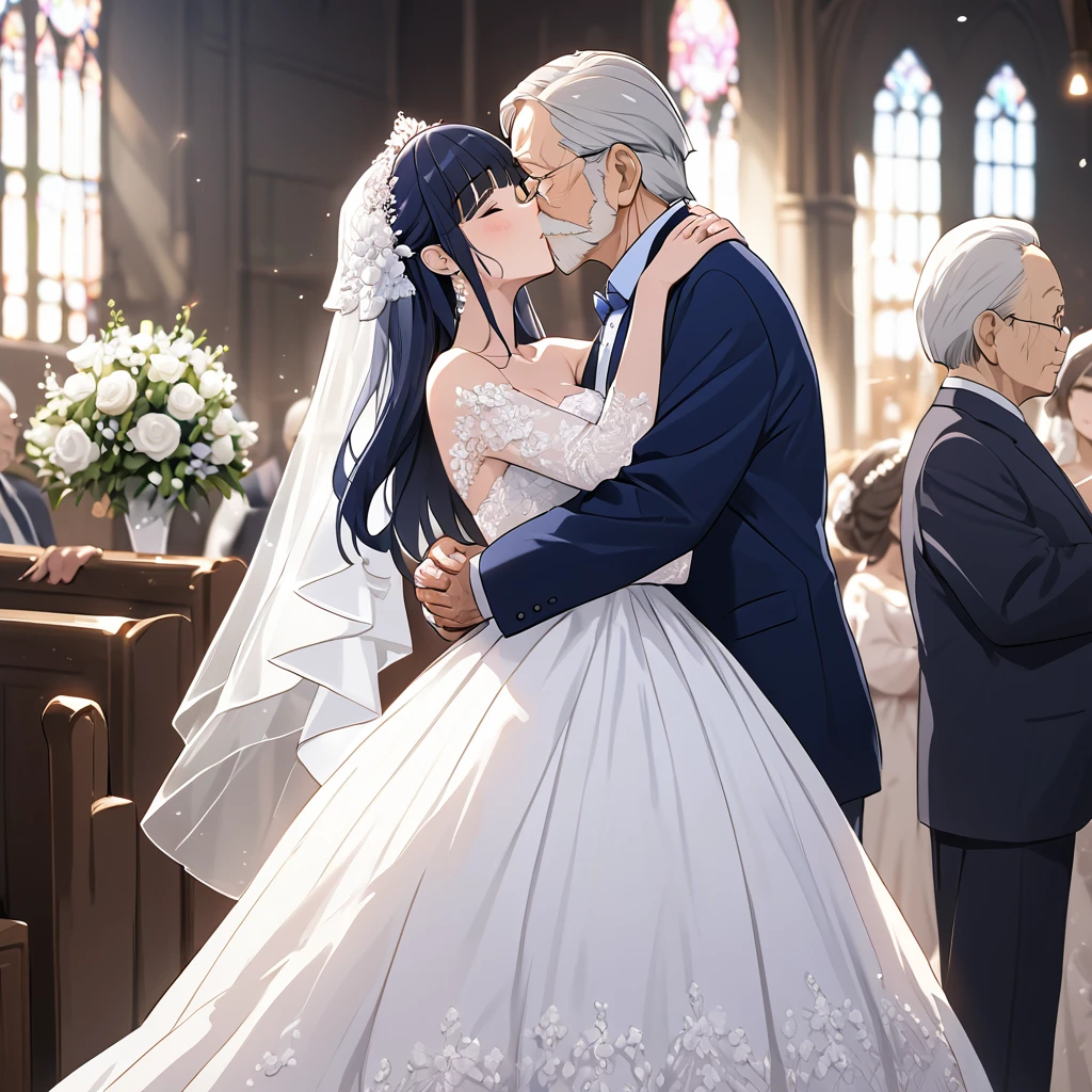 ((Highest quality)), ((masterpiece)), (detailed), （Perfect Face）、The woman is Aoki Reika, with midnight blue semi-long hair, wearing a luxurious and sparkling Victorian wedding dress with a wedding veil and an engagement ring.、A woman is wearing a Western-style wedding dress and is holding a wedding ceremony with an elderly man in a church wedding hall, embracing each other and kissing each other in a vow.、The woman is dressed in a wedding gown, standing beside her elderly husband as his wife at their wedding ceremony.、The old man is wearing an engagement ring