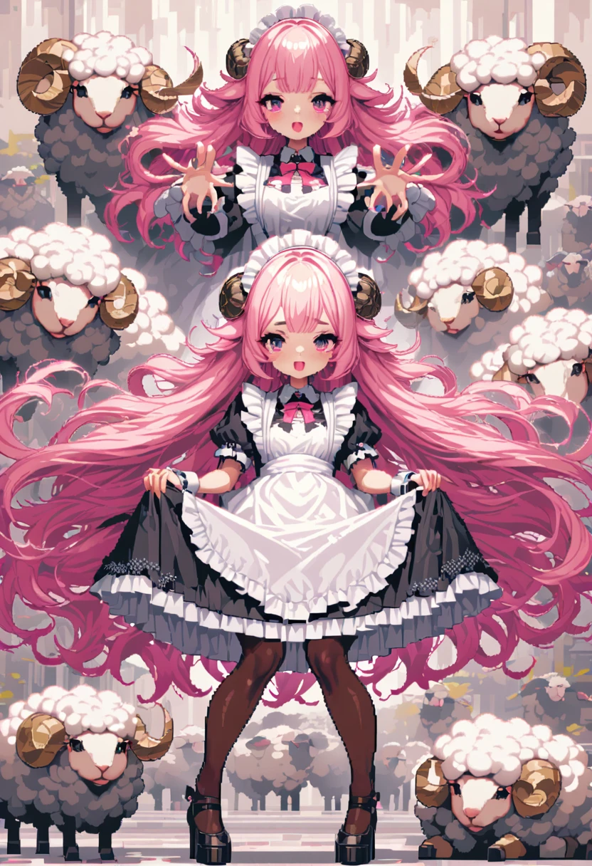 masterpiece, Highest quality, 8k, Beautiful pixel art, Vivid, Sheep, young woman, Open your mouth, (Fluffy hair), Long Hair, Hair like sheep's hair, Pink Hair, eyebrow, 太いeyebrow大きな目の人形1体，Maid clothes，pantyhose，Heel