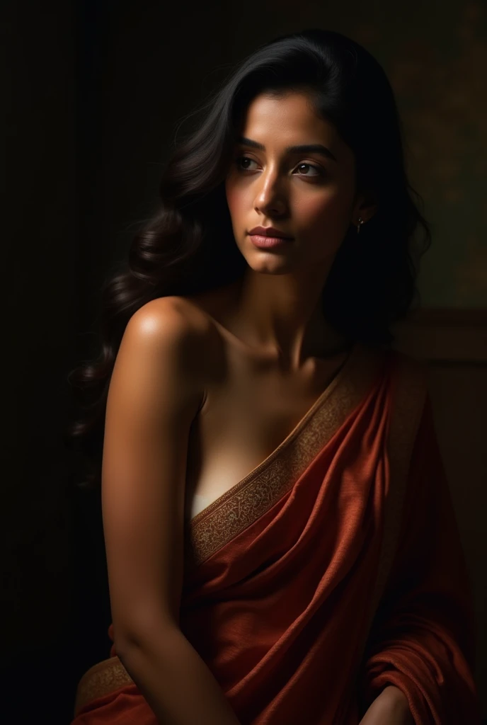 Imagine a well-detailed image of an Indian woman set in a dimly lit environment. large breasts, ?????? women, Her skin is richly textured and glowing softly in the muted light, showcasing intricate details and natural beauty. She is wrapped in elegantly draped traditional clothing—perhaps a sari or a dupatta—its fabric cascading gracefully around her with delicate folds and intricate patterns subtly catching the low light. The dim ambiance highlights the rich colors and textures of her attire while casting gentle shadows that enhance the depth and contours of her face and body. Her expression is serene and contemplative, creating a sense of quiet elegance and timeless grace.
