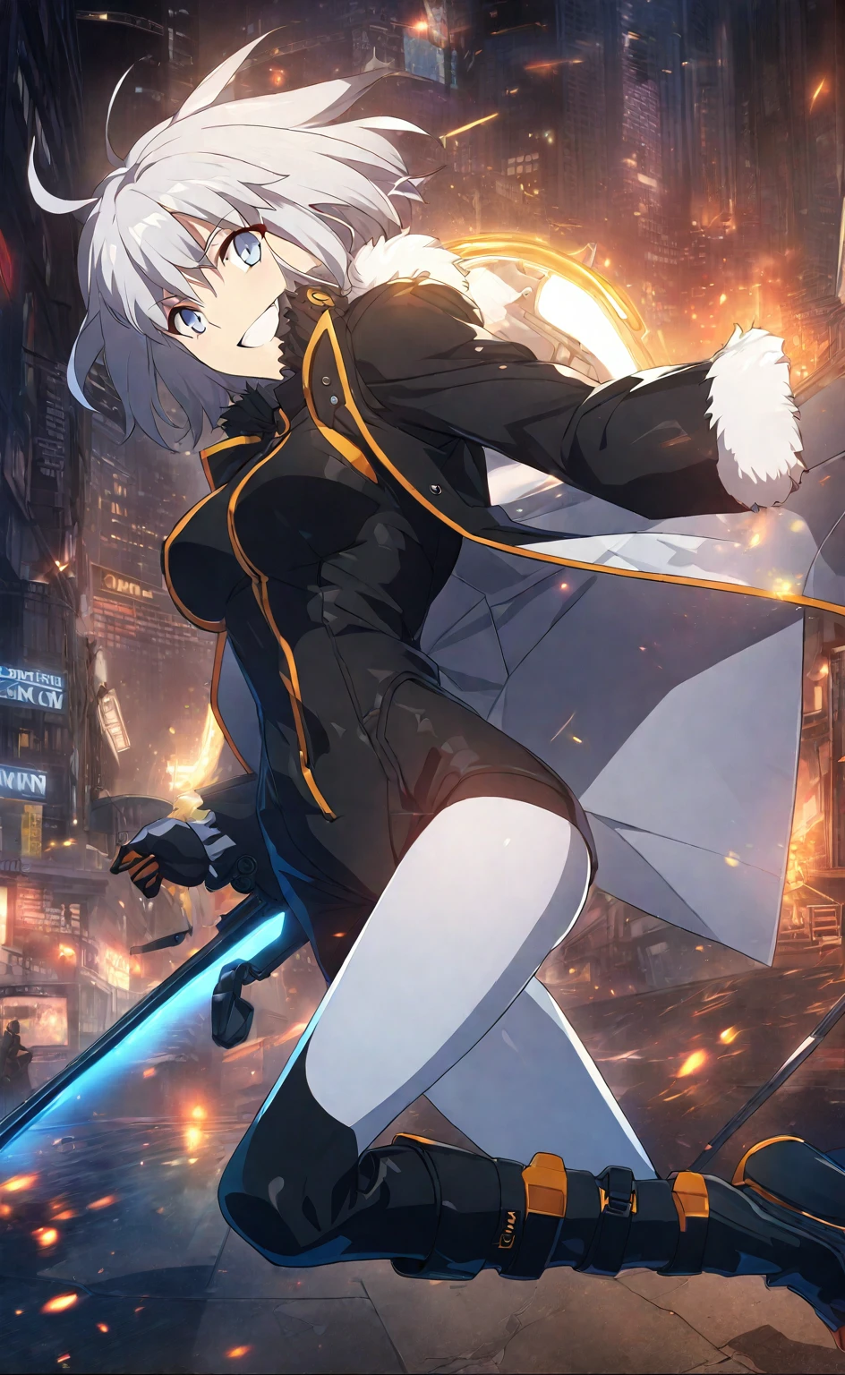 anime girl , fate grand order, fine details. girls frontline, full body, from girls frontline, girls frontline cg, best anime 4k konachan wallpaper, Badass anime 8 K, anime moe artstyle, girls frontline style, ufotable art style,rider suit,black and gold coat,masterpiece,silver short hair,smile,sinjyuku in tokyo,buildings,night,Black leather coat with gold embroidered fur edging,Black leather boots with three-section fastening belt,A challenging smile,Ride a cool, futuristic bike