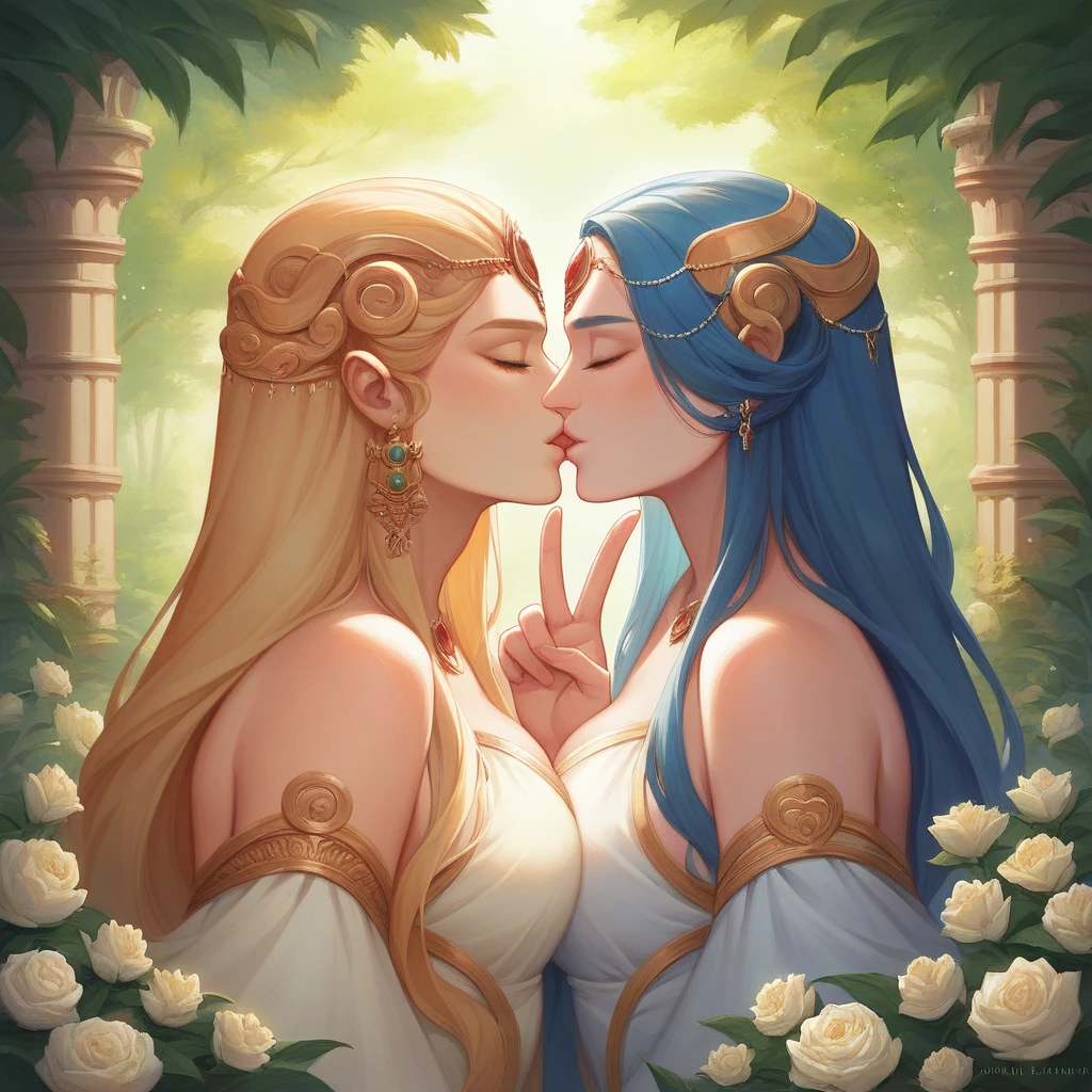 a painting of two women in a forest with flowers, goddess of love and peace, hindu art, godess, indian art, beautiful depiction, beautiful godrays, goddess of love, profile pic, the goddess of love, devainart, from ramayan, by Jitish Kallat, goddess art, kiss, painting of beautiful, shiva, beautiful goddess