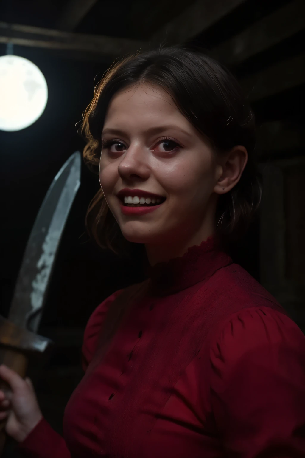 (Pearl from A24's movie), (((holding a bloody axe))), ((Wearing a Red dress)), ((large smile)), (cinematic lighting), blood, (hyper-realistic style), (vintage 1910s rural setting), (dark and eerie atmosphere), (dramatic shadows), (close-up shot), (bloodstained clothing), (highly detailed facial features), (film grain effect), (desaturated colors), (tense and unsettling mood), (horror movie vibes), (psycho theme), (intense focus on her eyes), (weathered wooden barn backdrop), (nighttime setting with faint moonlight), (masterpiece: 2), best quality, ultra highres, original, extremely detailed, perfect lighting
