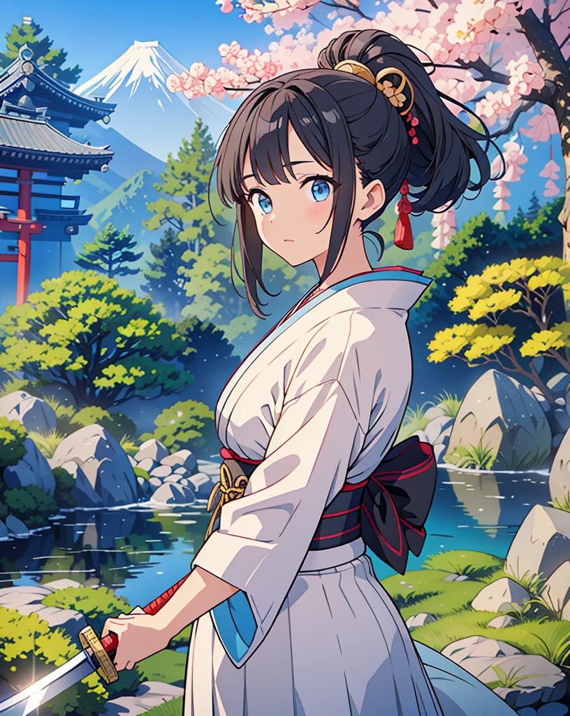 Highest quality, 32K, High resolution, masterpiece:1.5, One beautiful Japan girl,Illustration with anime touch, Rich emotional expression, An exceptionally beautiful face, Perfect Human Anatomy, Big light blue eyes, Motherhood and generosity, Deep Love, Wake up, Expressing emotions, Have a rich imagination, Cute Japan, Perfect Human Anatomy, Magical big eyes, decision, Powerful expression, Shiny black hair, Ponytail swaying in the wind, Asymmetrical bangs, Hair between the eyes, Transparent, soft white skin, Sharp eyebrows, Thin lashes, Detailed and cute lips, ((Detailed beautiful Japanese garden:1.2)), ((A swordsman wielding a Japanese sword:1.4)), ((Blue sky:1.1)), Slim figure, Beautifully detailed skies, mysterious